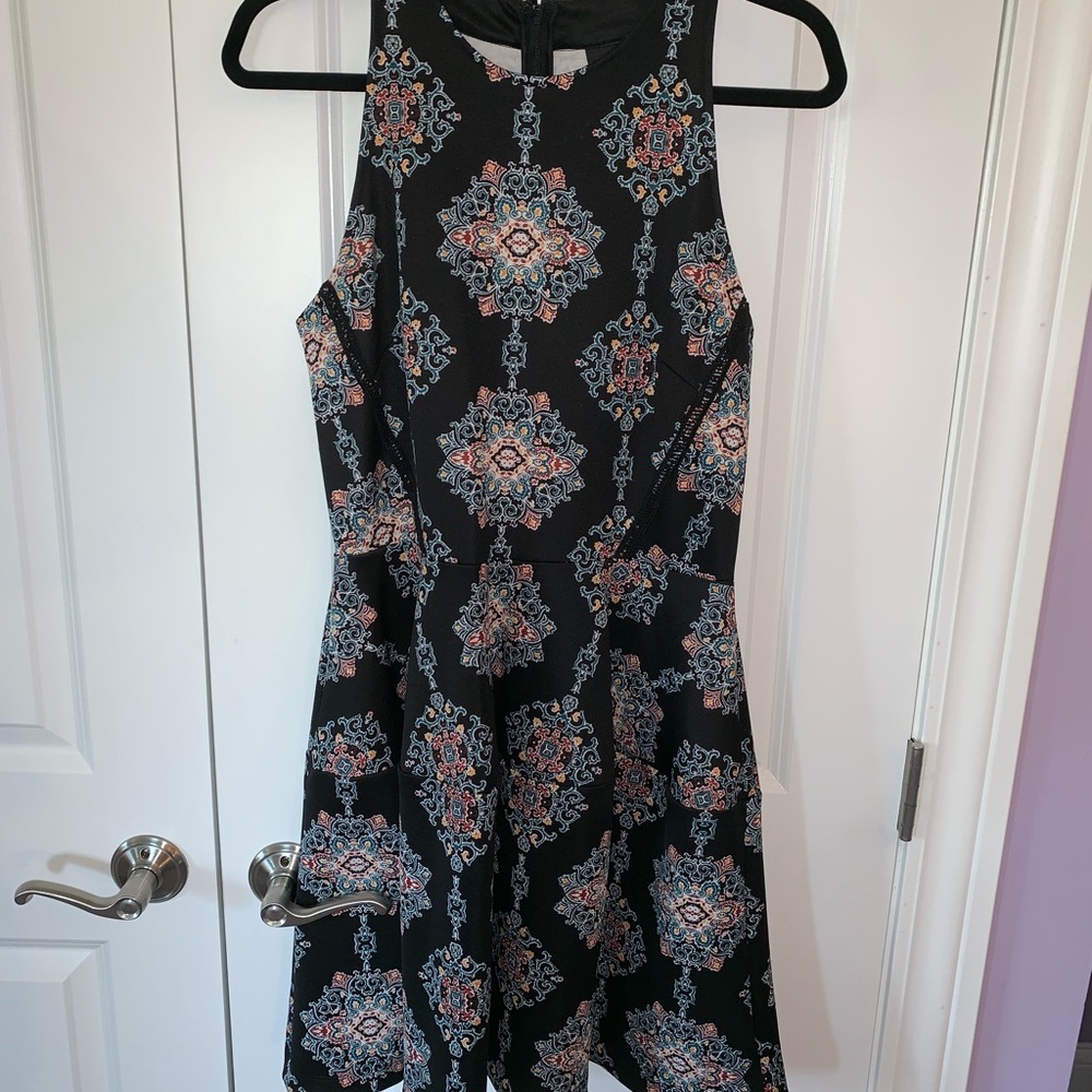 Black patterned fit and flare dress
